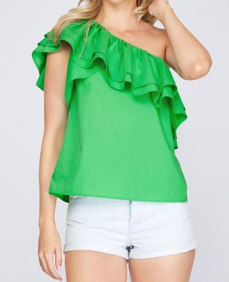 She + Sky Flirty Looks Ruffle One Shoulder Top In Green