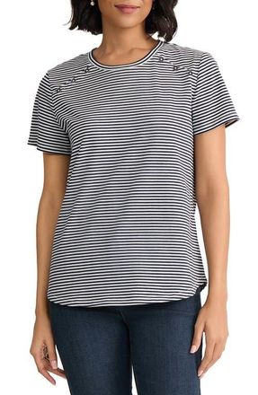 Jones New York Button Shoulder Stripe Stretch Cotton T-Shirt in Pacific Navy/natural White at Nordstrom, Size X-Small