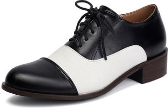 Generic Womens Lace Up Oxford & Derby Shoes Round Toe PU Leather Casual Shoes Low Block Heel Vintage Brogues,Black,6.5 UK