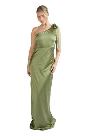 Six Stories Bow One Shoulder Satin Bridesmaid Dress in Moss Green at Nordstrom, Size 10