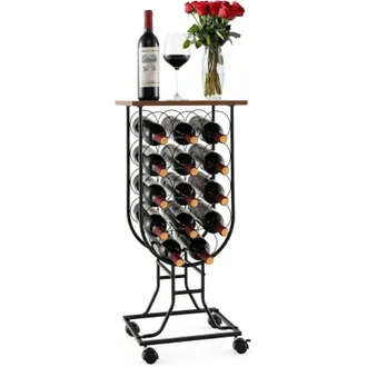 Costway Costway - Botellero Para 14 Botellas De Vino Con Ruedas Desmontables Y Bloqueables, Organizador M&oacute;vil De Almacenamiento De Vino Con Tapa, Marco De Met