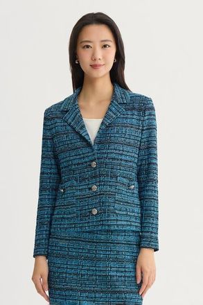 Ming Wang Lapel Collar Tweed Knit Jacket in Deep Teal at Nordstrom, Size X-Large