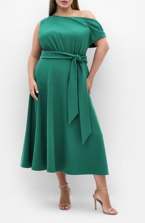 City Chic Kate One-Shoulder Crepe Midi Dress in Jade at Nordstrom, Size Xl