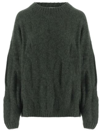 Allude Dark Green Ribbed Crewneck Cashmere-Silk Sweater