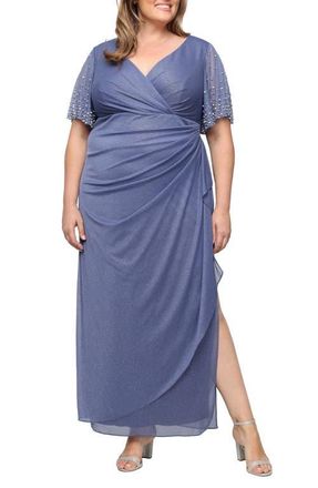 Alex Evenings Metallic Embellished Flutter Sleeve Cocktail Dress in Dusty Blue at Nordstrom, Size 22W