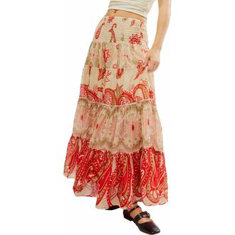 Free People Super Thrills Print Tiered Maxi Skirt in Sage Combo at Nordstrom, Size Medium