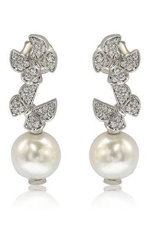 Suzy Levian Pav&eacute; Cultured Freshwater Pearl Butterfly Shape Drop Earrings in White at Nordstrom Rack
