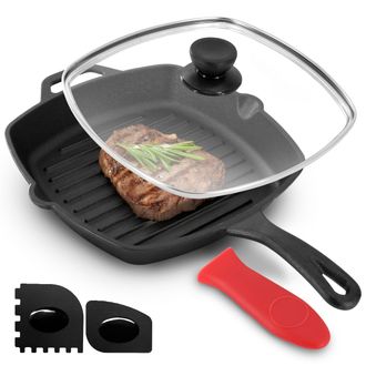 MegaChef 10.4 Inch Pre-Seasoned Cast Iron Griddle with Tempered Glass Lid