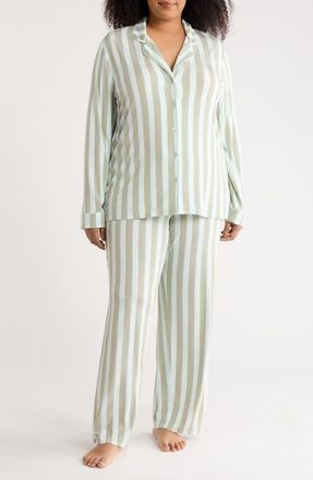 Nordstrom Moonlight Eco Knit Pajamas in Green Desert Porto Stripe at Nordstrom, Size 1X