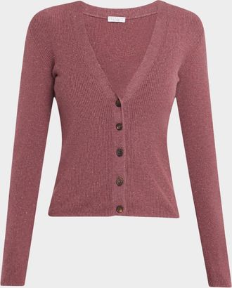 Brunello Cucinelli Metallic Cashmere Rib Knit V-Neck Cardigan