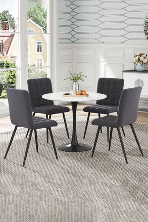 Living and Home 5-piece Set of Dining Table & 4 Tufted Upholstered Dining Chairs Round Coffee Table Set