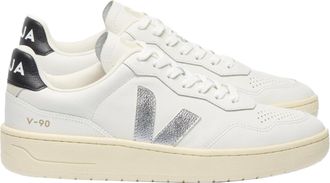 Veja Womens Sneakers V-90 White-Silver-Black Leather Trainers White/silver/black
