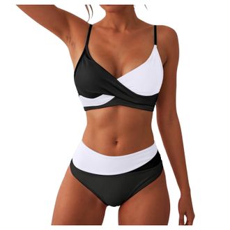 Generic High Waisted Bikini Set Tummy Control Womens Sexy Bikini Sets Halter Neck Padded Bikini Push Up V-Neck Colour-Blocked High Waist Front Cross Halternec
