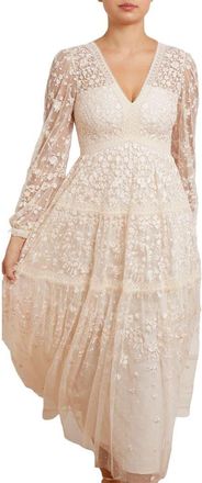 Needle & Thread Celestia Ribbon Long Sleeve V-Neck Gown in Champagne at Nordstrom, Size 10
