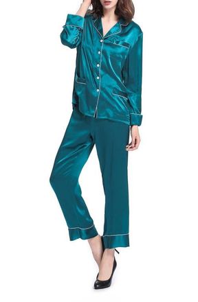 LilySilk Chic Trimmed Silk Pajama Set in Dark Teal at Nordstrom, Size Medium