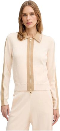 Elisabetta Franchi Gebreid jack met glanzende viscose banden - Dames - Vesten - Beige - S - Truien & Vesten