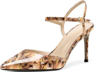 elashe Women High Heels Pointy Stiletto Heels Ankle Strap Sandals 3.35 Party Pumps Floral-Yellow EU39