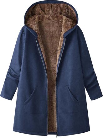 Generic Womens Winter Coat with Hood Warm Fleece Lined Fuzzy Full Zip Hooded Jacket Sweatshirts with Pockets Casual Mid Length Casual Ladies Warm Jumper Coats