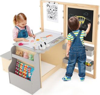 Costway Costway Caballete Infantil, Juego De Mesa Y Banco De Arte, Centro De Arte De Madera Multifuncional Con Caballete Ajustable De Doble Cara, Pizarr&oacute;n Mag