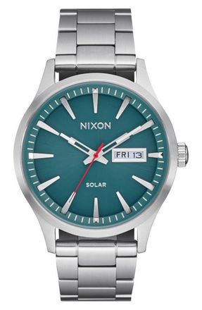 Nixon Sentry Solar Leather Strap Watch, 40mm in Silver /Jasper at Nordstrom