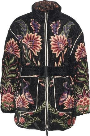 Farm Rio Padded Velvet Jacket With Floral And Bird Embroidery