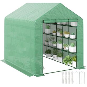 OUTSUNNY Invernadero Peque&ntilde;o Invernadero De Exterior Con Estantes De 4 Niveles Puerta Con Cremallera Y Marco De Acero 244x180x210 Cm Verde
