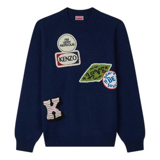 Kenzo Round-neck Knitwear, male, Blue, Size: S Badges Embroidered Jumper