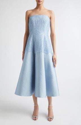 Emilia Wickstead Meja Strapless Lace & Jacquard Midi Dress in Icy Blue at Nordstrom, Size 12