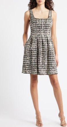Vince Camuto Sequin Bouclé Fit & Flare Dress in White Black at Nordstrom, Size 10