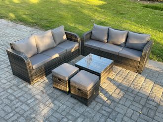 Fimous Indoor Outdoor Rattan Garden Furniture 8 Seater Set Table Sofa Chair Patio Conservatory with Grey Cushions 2 Small Footstools in Dark Grey