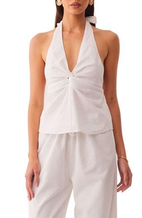 SNDYS Pascal Deep Halter Neck Cotton & Linen Blend Top in White at Nordstrom, Size X-Small