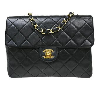 Chanel Vintage Square Classic Single Flap Vertical Quilt Lambskin Black Leather Handbag (Pre-Owned)