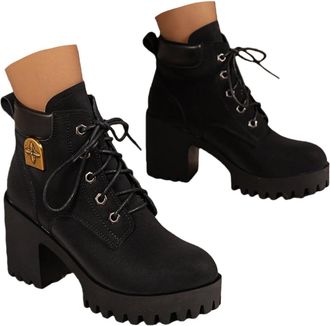 Generic Womens Ankle Combat Boots Chunky Lace Up Booties Platform High Heel Fashion Autumn Winter Shoes Lug Sole Round Toe Casual Waterproof Non Slip Riding M