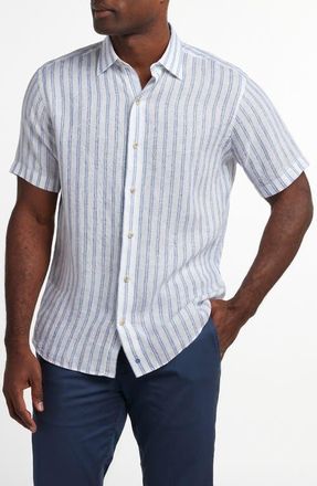 David Donahue Stripe Short Sleeve Slub Linen Button-Up Shirt in White/Blue at Nordstrom, Size Xx-Large