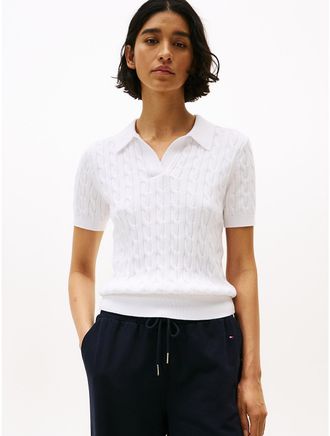 Tommy Hilfiger Womens Short-Sleeve Cable Knit Polo Sweater - White - XXL