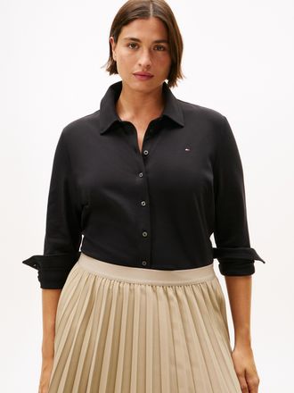 Tommy Hilfiger Langarmbluse TOMMY HILFIGER CURVE CRV 1985 SLIM PIQU, Damen, Gr. 50, schwarz, Piqu&eacute;, Obermaterial: 96% Baumwolle, 4% Elasthan, unifarben, slim fit nor