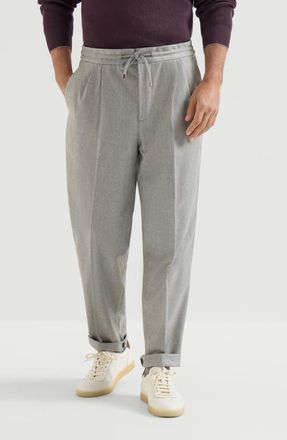Brunello Cucinelli Virgin wool flannel trousers with drawstring and double pleats in Pearl Grey at Nordstrom, Size 58