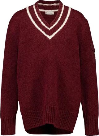 Moncler Gewatteerde V-hals Trui van Katoen en Wolmix - Dames - V-hals truien - Rood - M - Katoen - Truien & Vesten