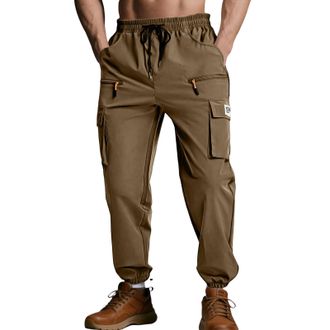Generic Mens Lightweight Cargo Trousers Elasticated Waist Joggers with Multi Zip Pockets, Casual Outdoor Hiking Work Pants for Men, High Street Cargo Trousers
