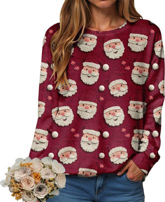 Generic Womens Christmas Jumpers Xmas Long Sleeve Neck Sweatshirt Tree Print Pullover Ladies Tops Funny Christmas Jumpers UK Classic Crew Workout Shirts Loose