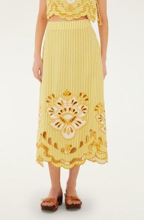Farm Rio Stripe Eyelet Midi Skirt in Yellow at Nordstrom, Size X-Large