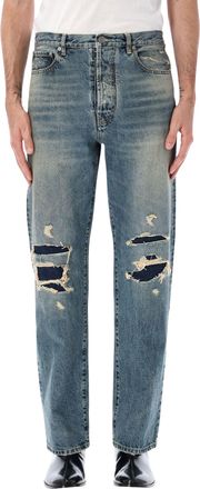 Maison Margiela Broken Distressed Cut-Off Hem Cotton Straight-Leg Jeans