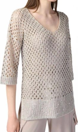 Joseph Ribkoff Sequined V-Neck 3/4 Sleeve Crochet Top In Champagne