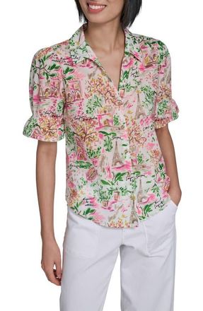 Karl Lagerfeld Print Puff Sleeve Shirt in Soft White/Pink Carnation at Nordstrom, Size X-Large