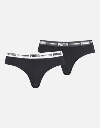 Puma Womens 2-Pack Striped Logo Mid-Rise Brazilian Briefs, Black - Black/Black - Size: 14