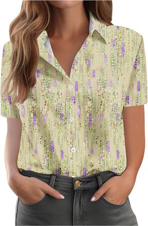 Generic Shirts for Women UK Vintage Floral Print Shirts Causal Turn-Down Collar Short Sleeve Blouse Button Down T-Shirt Loose Fit Comforty Shirt Office Classi