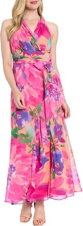London Times Floral Halter Tie Belt Maxi Sheath Dress in Peach/Hot Pink at Nordstrom Rack, Size 10P