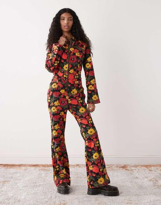 Wrangler Tuta jumpsuit r&eacute;tro rossa e gialla a fiori in denim-Multicolore