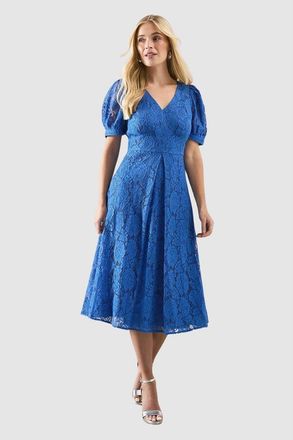Wallis Petite Lace V-Neck Tea Midi Dress in Blue at Nordstrom, Size 12
