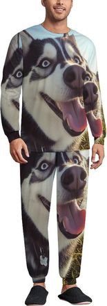 Generic Husky Dog Trendy Pajama Set for Men Crewneck Long Sleeve Loungewear Soft Sleepwear XL